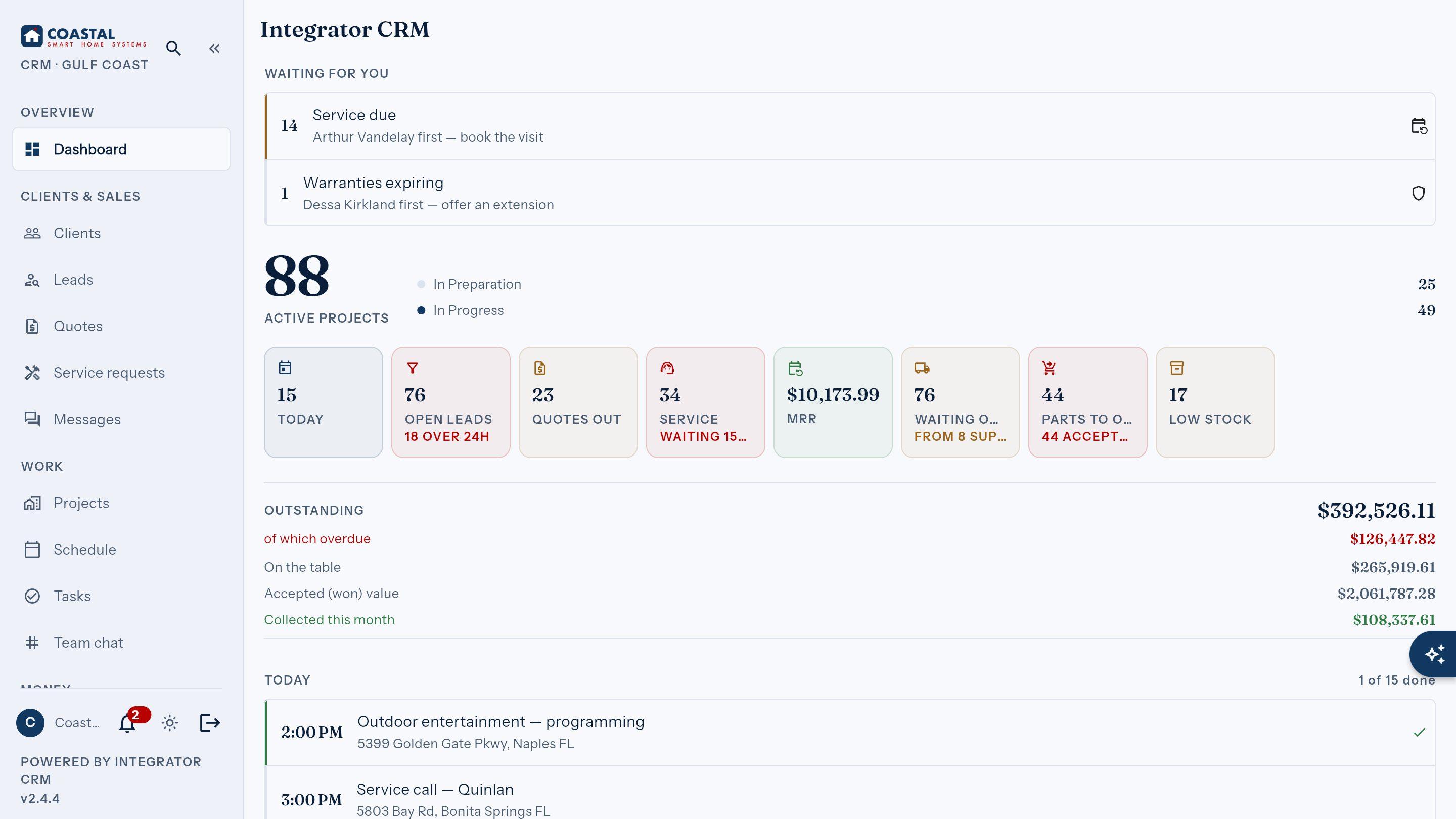 Office dashboard: the day's jobs, money and alerts at a glance